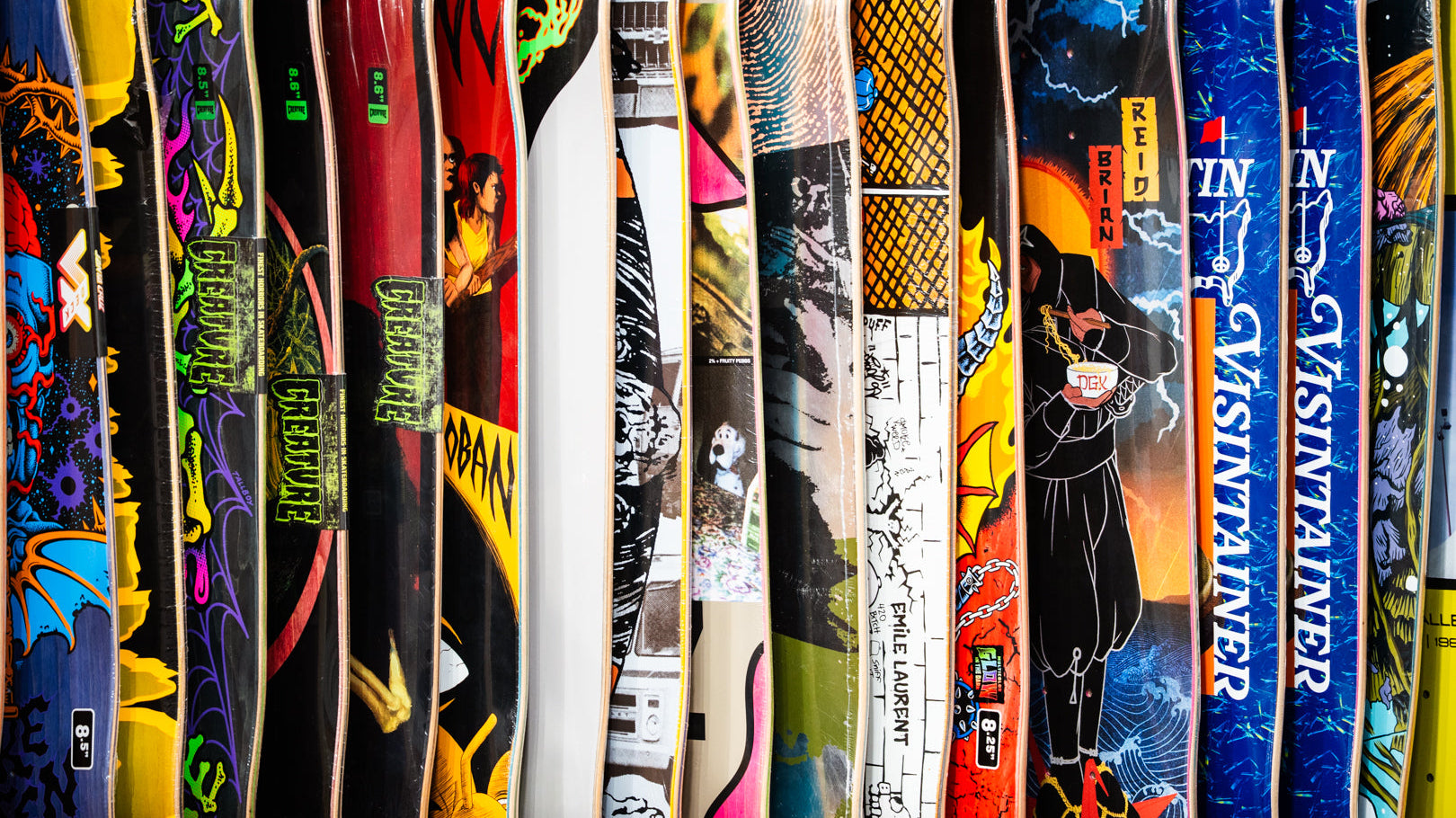 Skateboards on display at 7B Boardshop in Sandpoint Idaho ready for summer skate season
