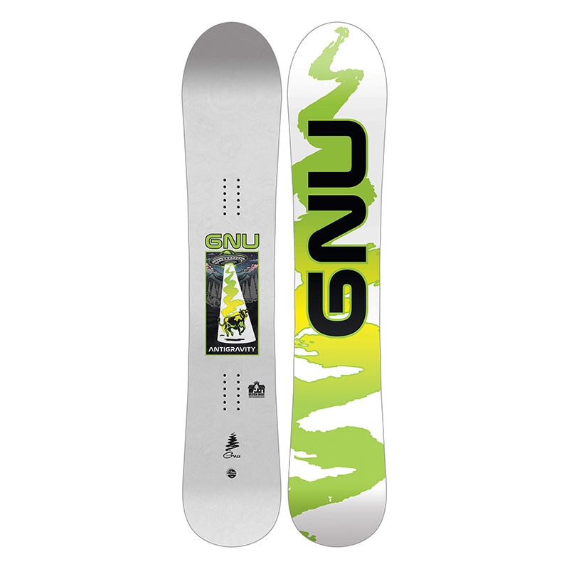 A Gnu snowboard shown from both sides against a white background. The top side features a white base with lime green brushstroke graphics and large black 'GNU' branding, while the bottom side is silver with a small green and black Gnu logo and bindings visible.