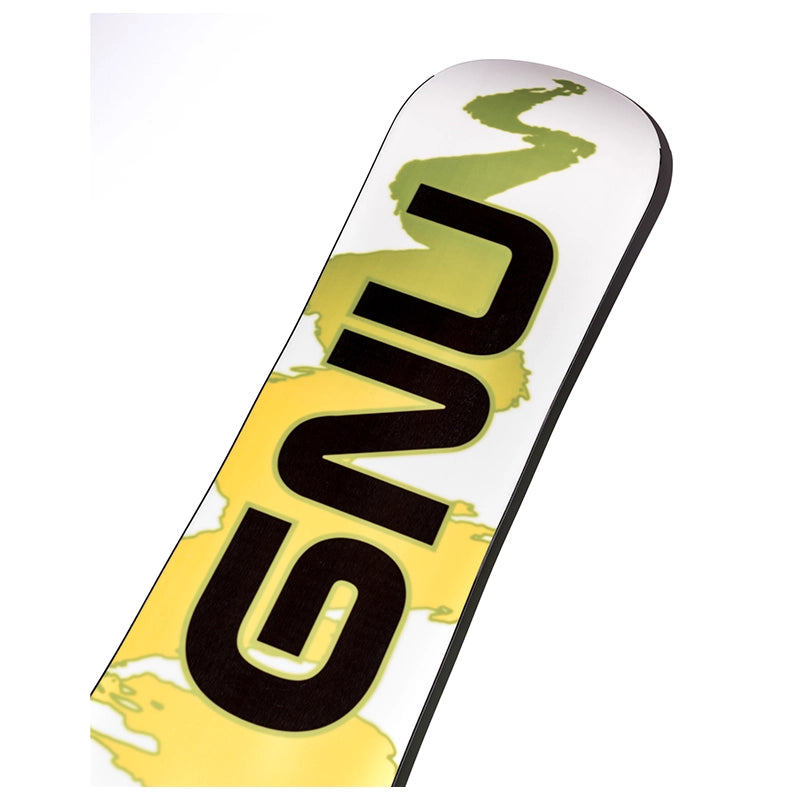 A close-up of a snowboard base showing the large black 'GNU' logo over a yellow and olive-green abstract graphic on a white background.