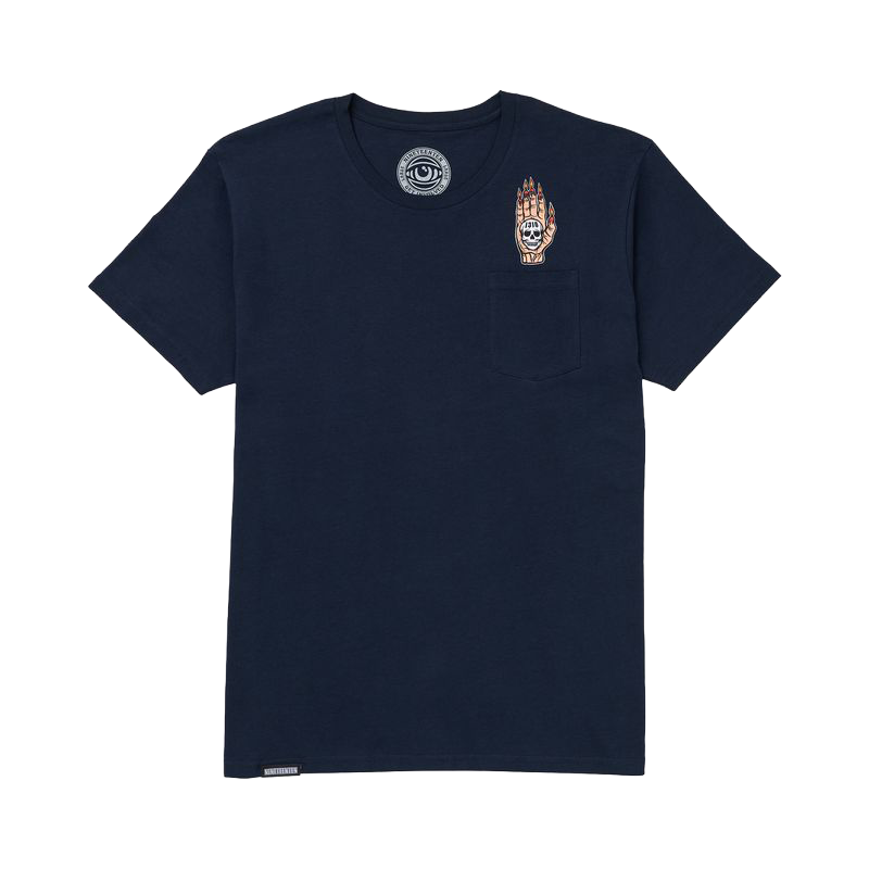 A navy blue short-sleeve crewneck pocket t-shirt featuring a small embroidered skull-and-crossbones hand graphic on the left chest and a circular eye logo printed inside the collar, shown against a plain white background.