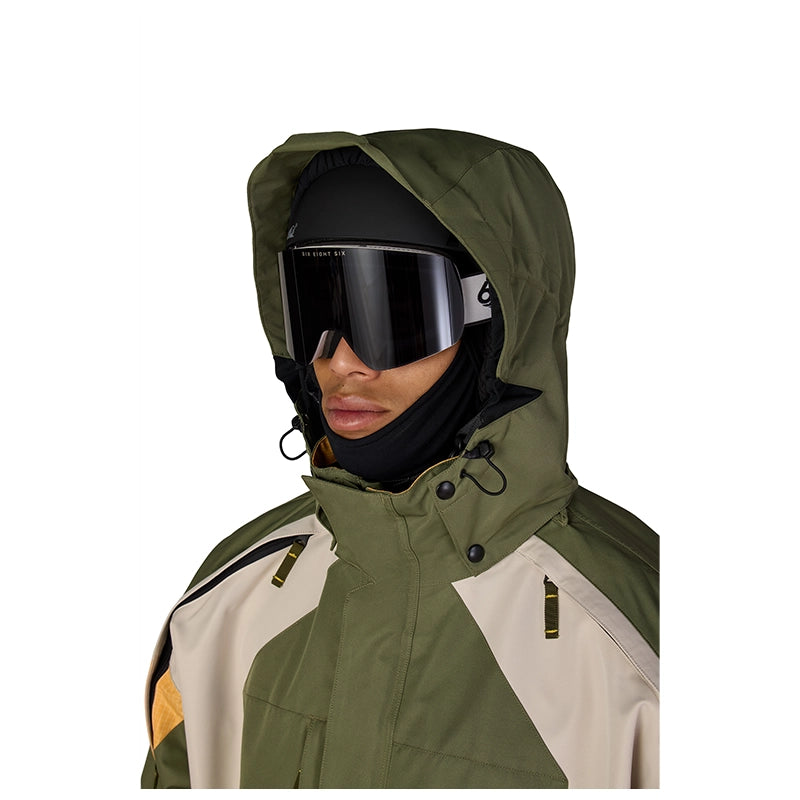 Model wearing Hood to show it fits over helmet