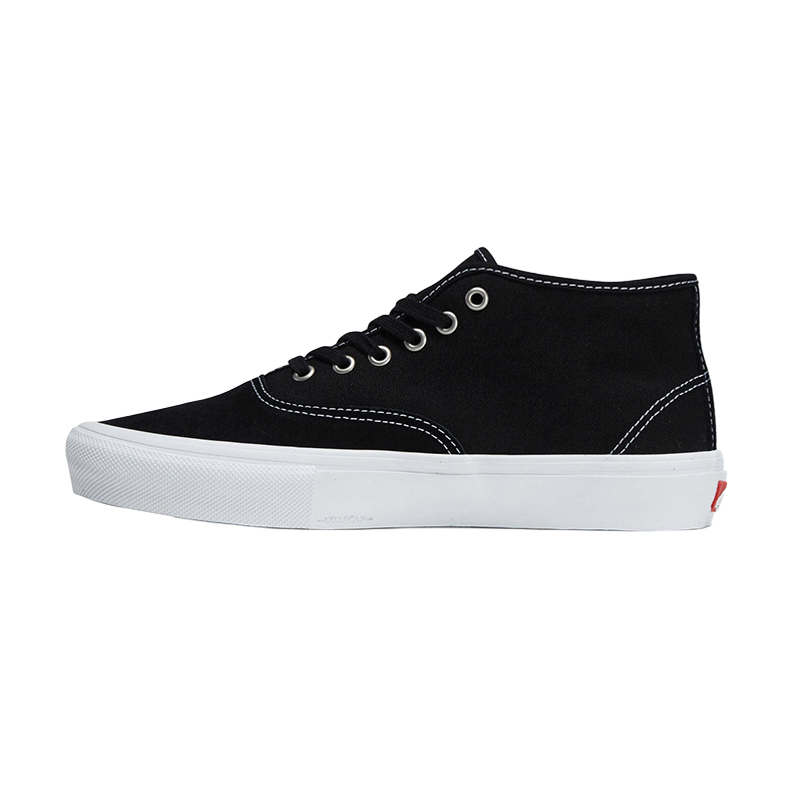 A black high-top canvas sneaker with white stitching, white laces, and a thick white rubber sole, shown in a side profile on a white background.
