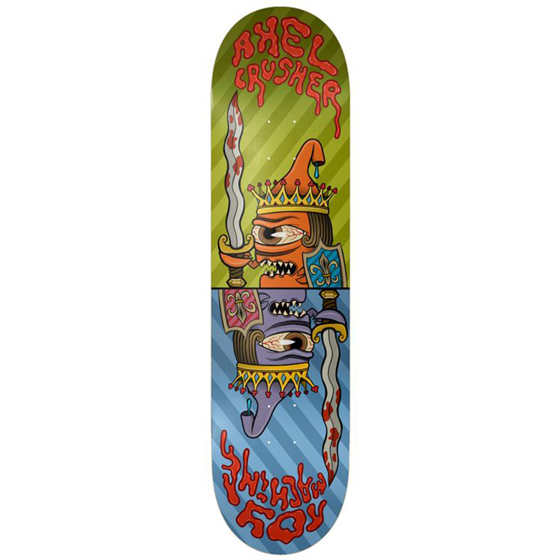 A skateboard deck shown vertically against a plain white background. The deck features a colorful graphic design split into green and blue sections, with a jester illustration and the text 'AXEL ROSSITER' in red at the top and bottom.
