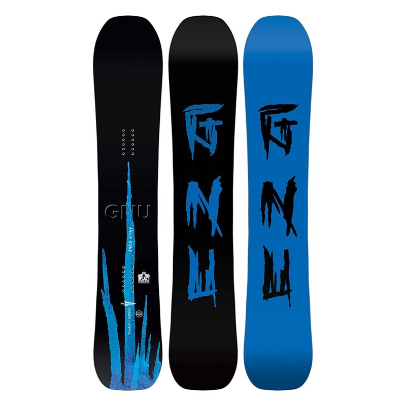 Three snowboard topsheets shown upright on a white background: a black board with blue graphic details and text, a black board with large blue 'GNLU' lettering, and a bright blue board with large black 'GNLU' lettering.