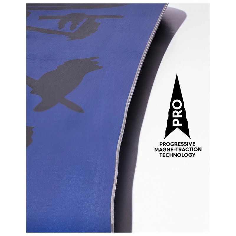 Close-up of a blue snowboard with dark gray graphic shapes and a black side edge, alongside a white section featuring a black triangular logo that reads 'PRO' and 'PROGRESSIVE MAGNE-TRACTION TECHNOLOGY'.