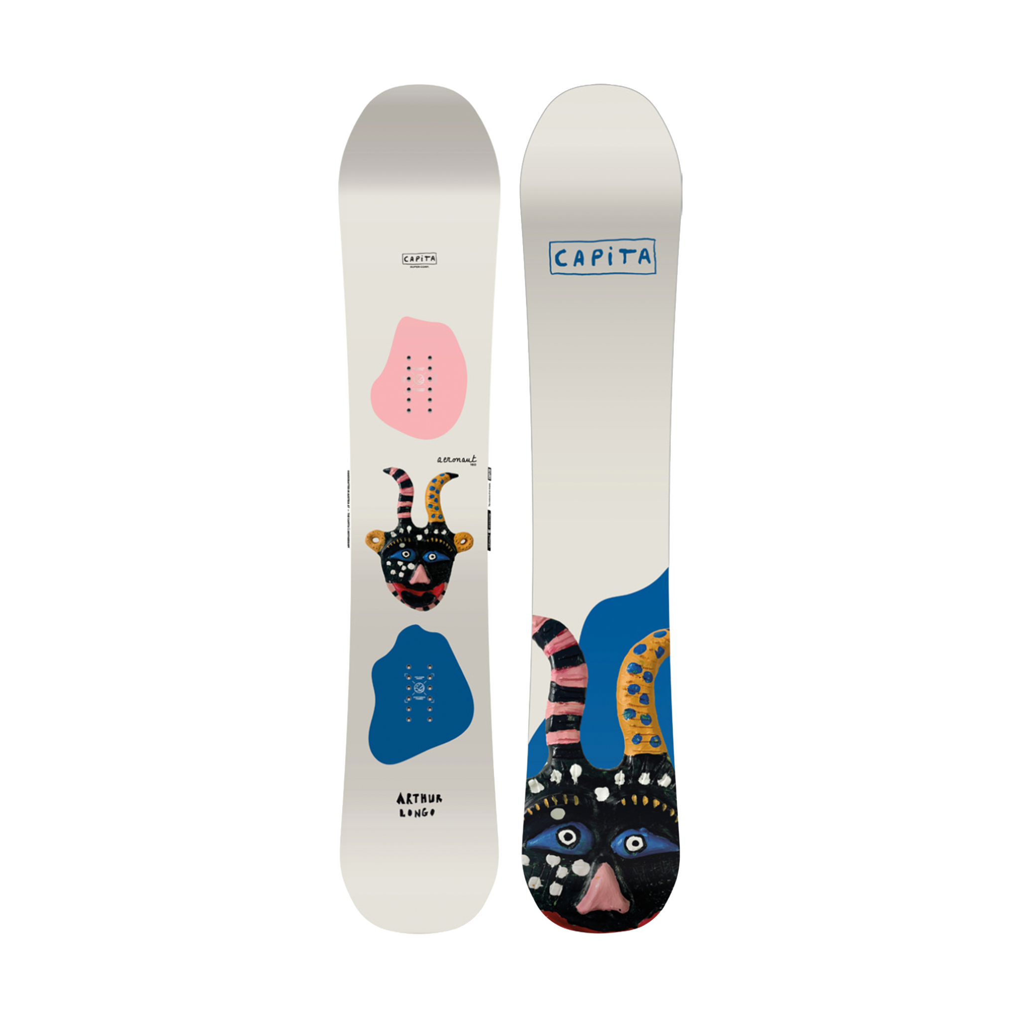 Two snowboards with colorful designs and 'Capita' branding on a white background