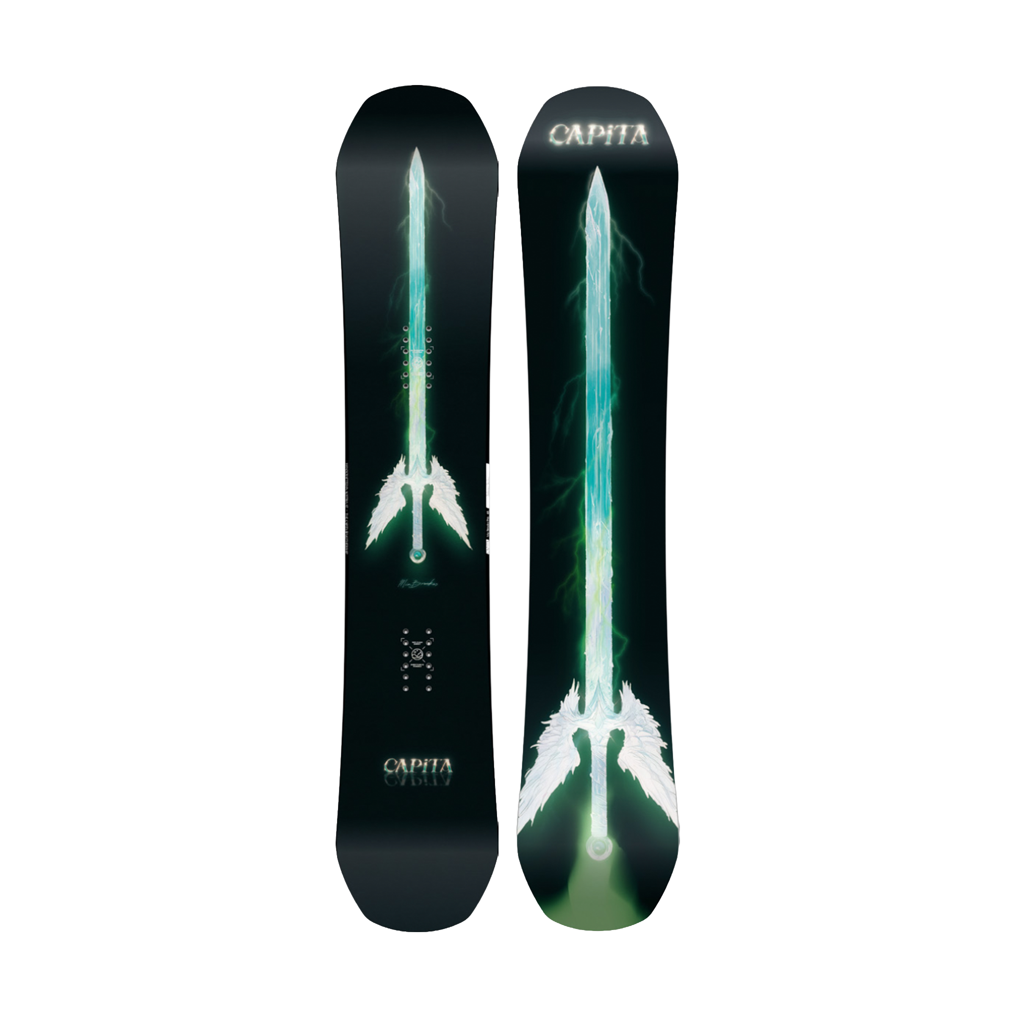 Two CAPiTA snowboards with a black and green design on a white background