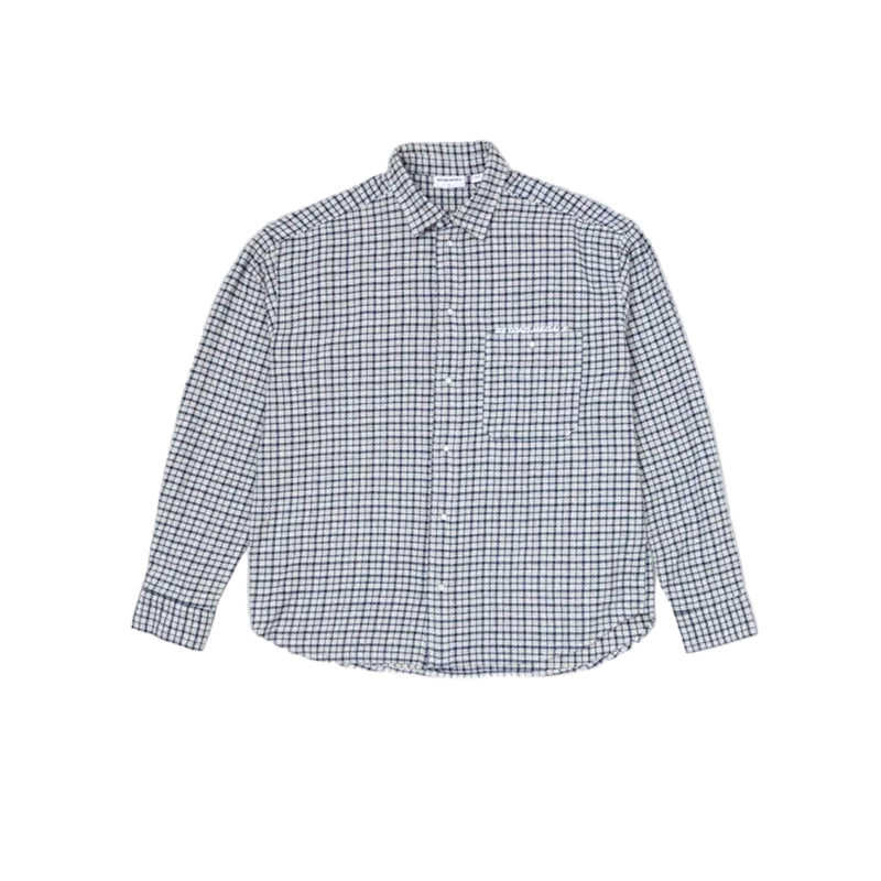 A long-sleeve button-up shirt with a small-scale blue and white gingham check pattern, featuring a chest pocket with a white embroidered logo, displayed on a solid gray background.