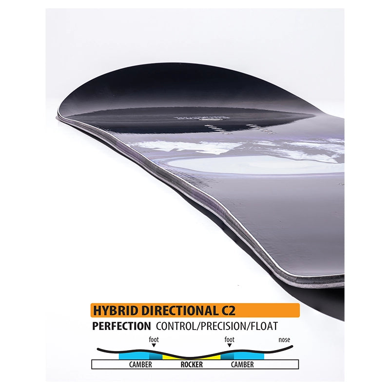 Close-up of a snowboard deck showing the camber and rocker profile, with a printed graphic at the bottom labeled 'HYBRID DIRECTIONAL C2' and a small cross-section diagram explaining control, precision, and float.
