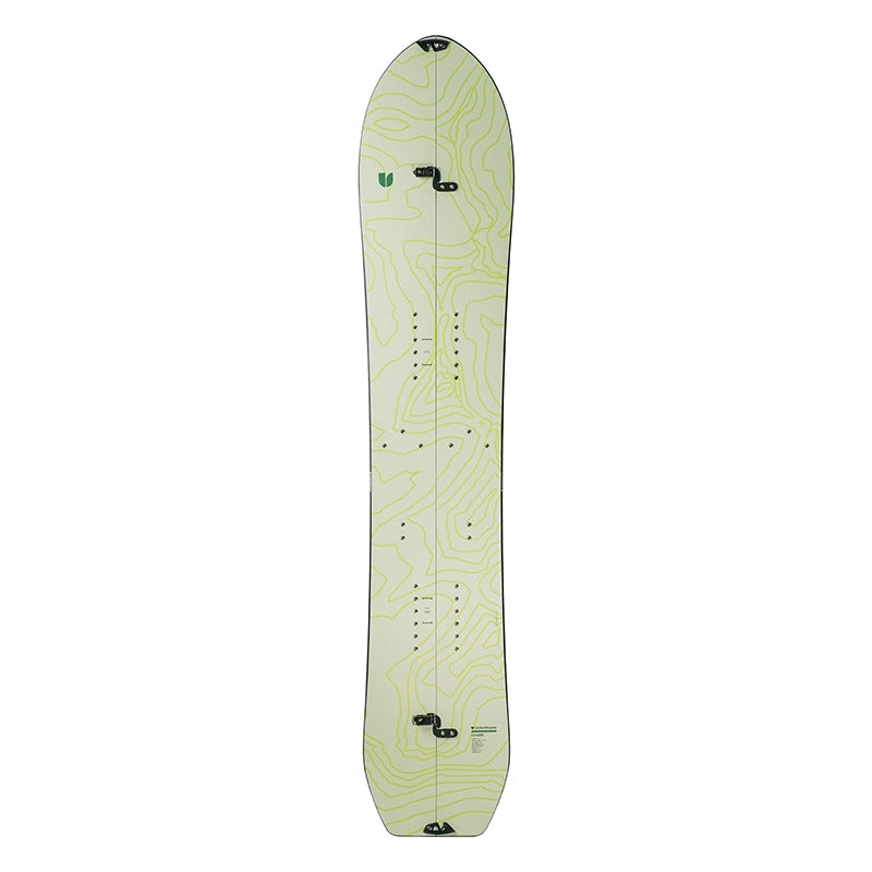 A snowboard shown from the top side, featuring a pale yellow-green background with a light green topographic contour line pattern and black binding devices.