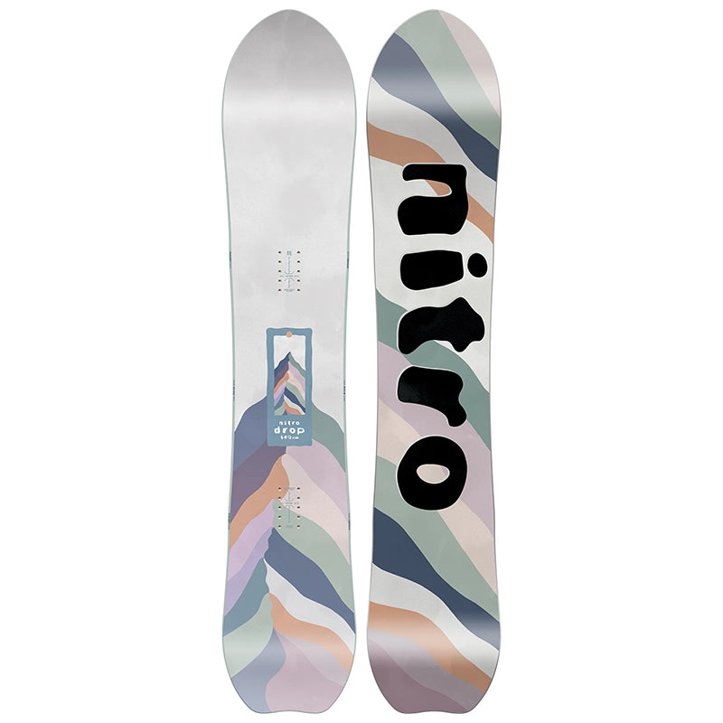 Front and back views of a Nitro snowboard on a solid white background, featuring a multicolor abstract wavy pattern in pastel shades of blue, green, purple, and orange on a white base.