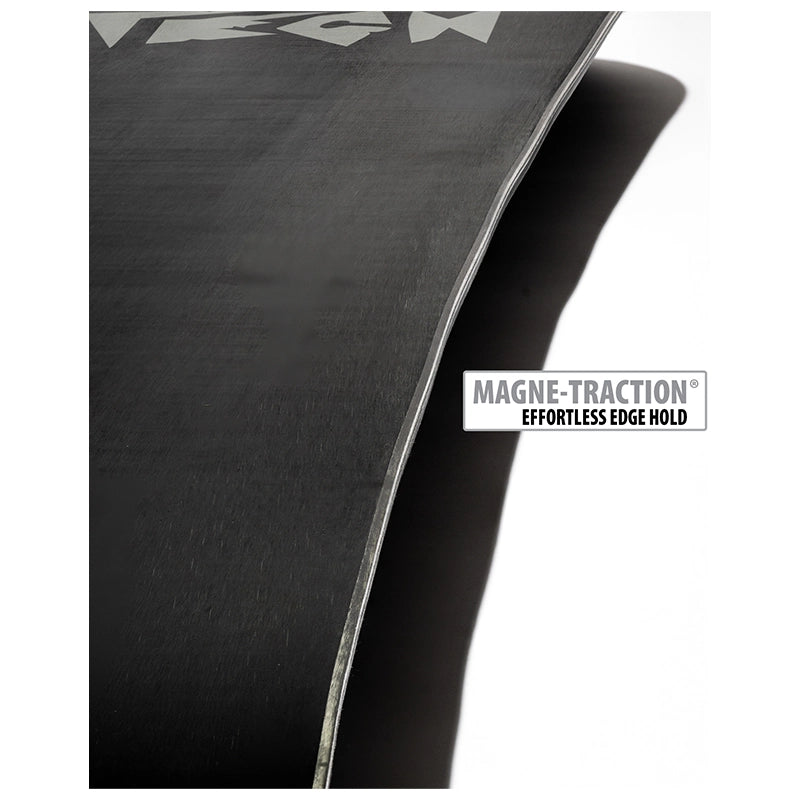 Close-up of a black snowboard showing the Magne-Traction edge hold technology with a white label overlay on a white background.