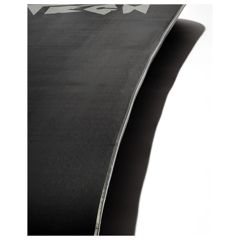 Close-up of a black snowboard showing the side profile, edge, and a partial white logo on a white background.
