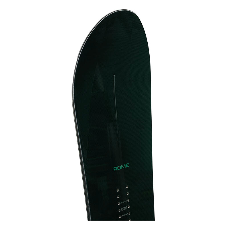 Close-up of the tail section of a dark green snowboard with a green 'ROME' logo and binding holes, shown against a plain white background.