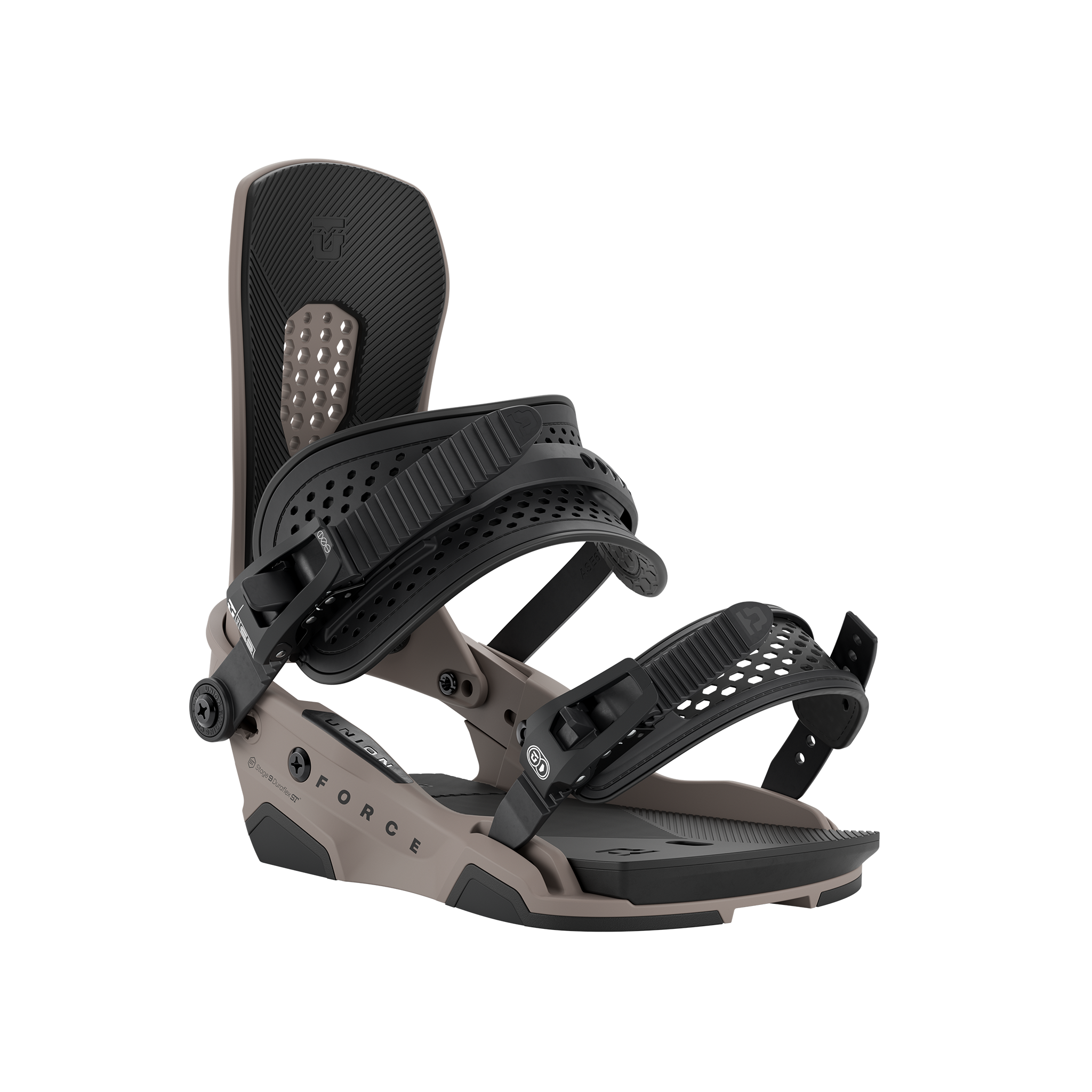 Black and gray snowboard binding on a white background