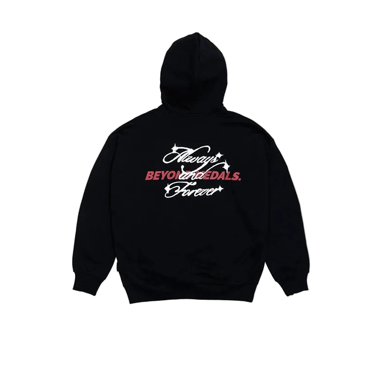 A black pullover hoodie shown from the back, featuring a graphic print with the text 'Always BEYOND DADS. Forever.