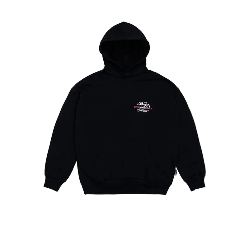 A black pullover hoodie with a small white and red graphic on the left chest, displayed flat against a solid gray background.