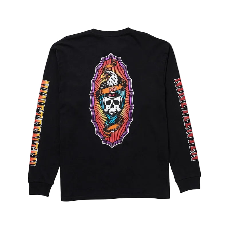 A black long-sleeve t-shirt with a large, colorful graphic on the back featuring a skull and eagle design, and matching graphics printed down both sleeves.