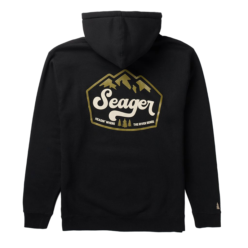 A black pullover hoodie shown from the back, featuring a large graphic print on the back with the brand name 'Seager' in white script inside a gold mountain-shaped border, with the tagline 'HEADIN' WHERE THE RIVER GROWS' and small pine tree illustrations.