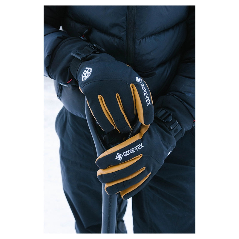 Showing the black gloves with leather palms out in the cold