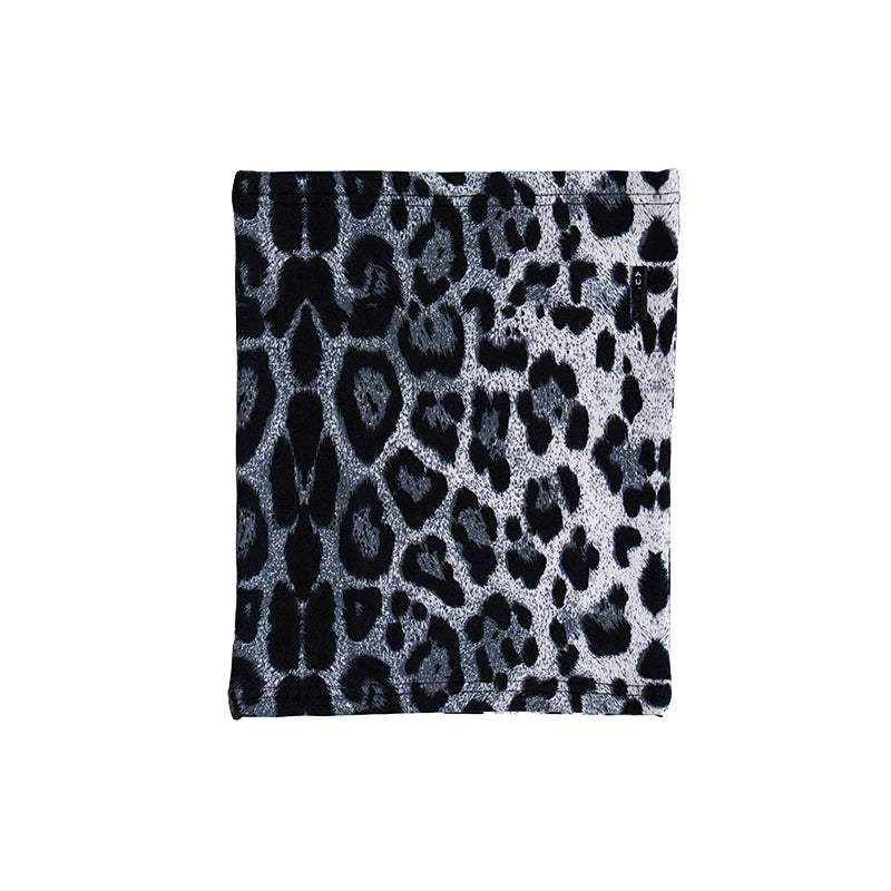A square fabric item, likely a scarf or face covering, featuring a black and gray leopard print pattern on a white background.