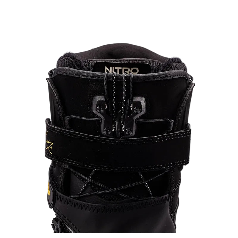 Black snowboard boot with visible 'Nitro' branding on a white background