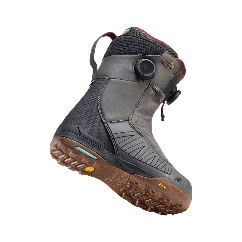 View of shell and sole of grey k2 snowboard boot