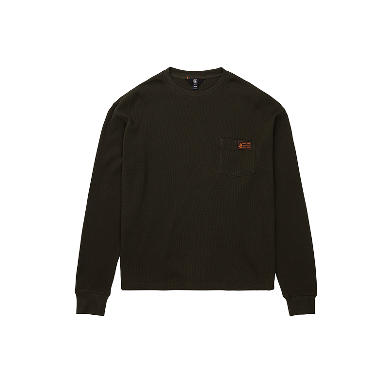 A dark olive brown ribbed long-sleeve crewneck shirt with a chest pocket and a small orange logo patch, shown flat on a white background.
