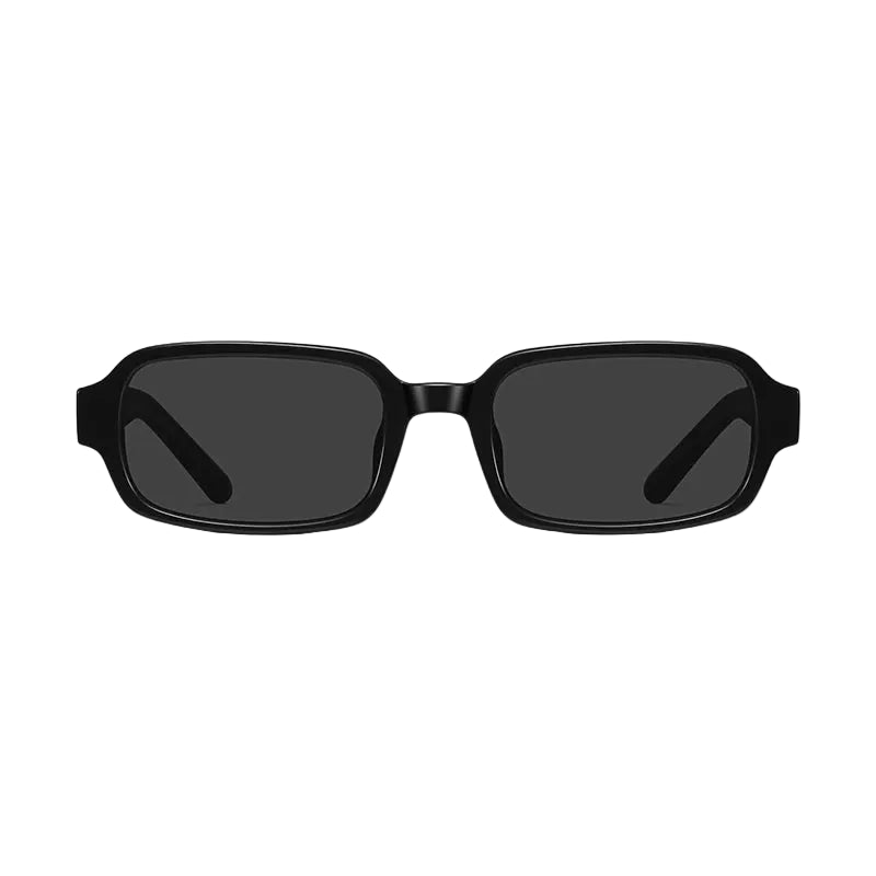 Black rectangular sunglasses with dark lenses, shown from the front on a light gray background.