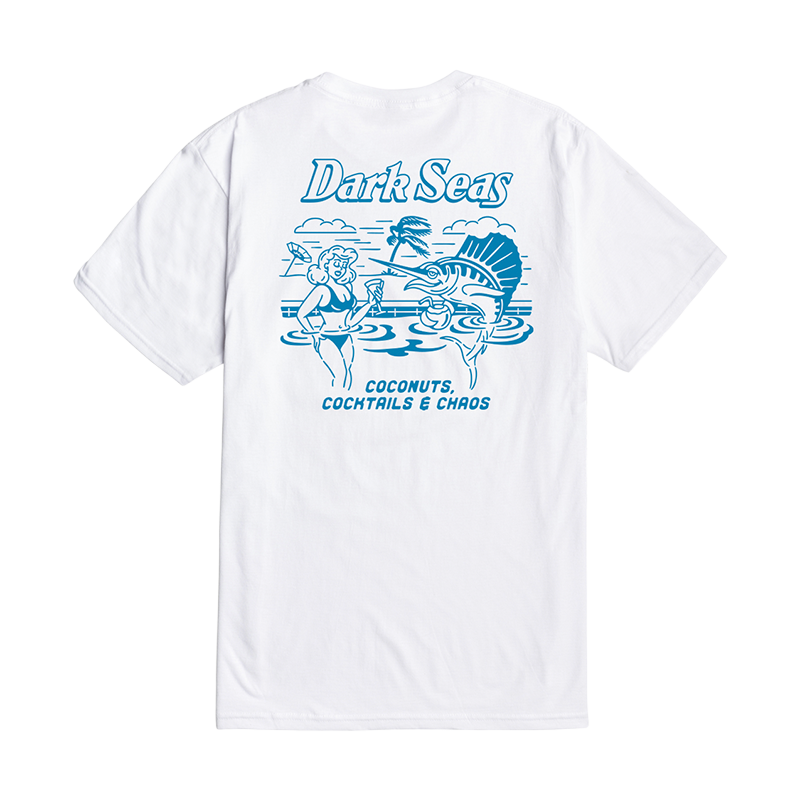 White short-sleeve t-shirt shown from the back, featuring a blue graphic print with the text 'Dark Seas' and 'Coconuts, Cocktails & Chaos' along with a fisherman and sailfish illustration.