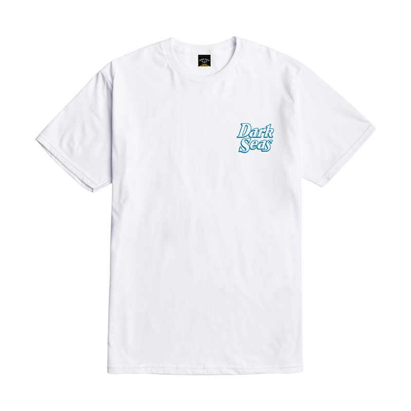 A white short-sleeve crewneck t-shirt with a small light blue 'Dark Seas' logo printed on the left chest, displayed flat against a white background.