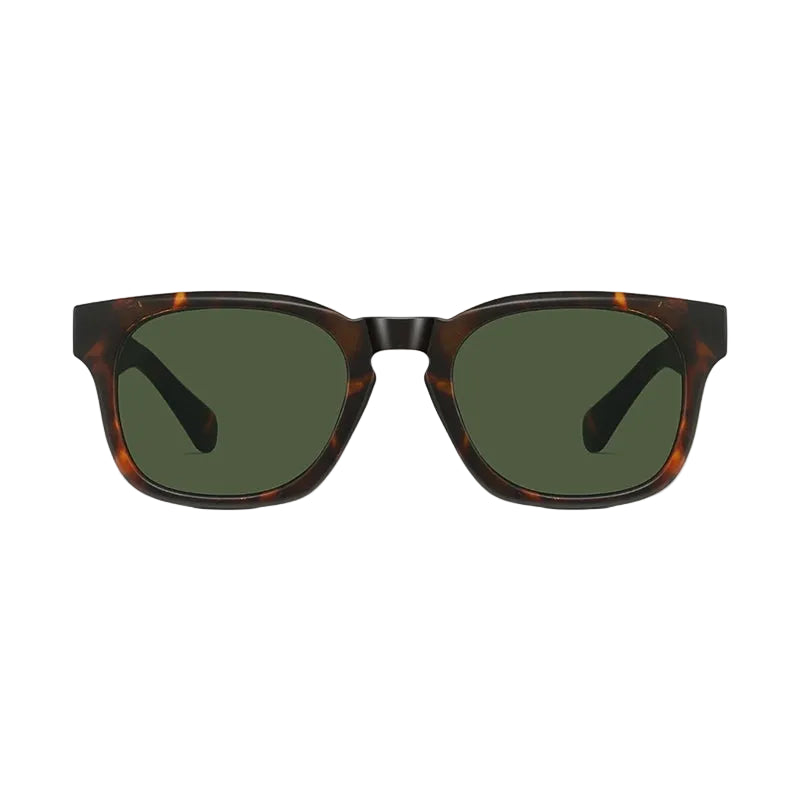 A pair of square sunglasses with a dark brown and black tortoiseshell frame and dark green lenses, shown against a light gray background.