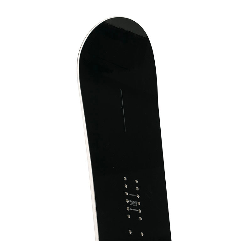 A close-up of a black snowboard nose.