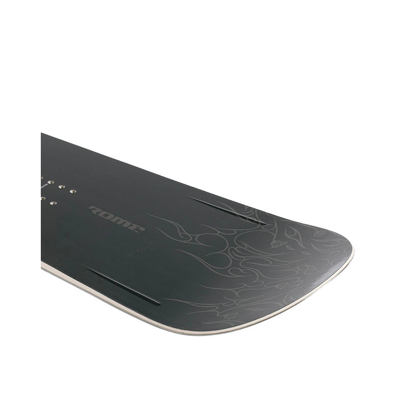 Close-up of a snowboard deck showing the tail with a dark charcoal/black finish, subtle gray flame-like graphic lines, and the 'ROME' brand logo near the tail, set against a plain white background.