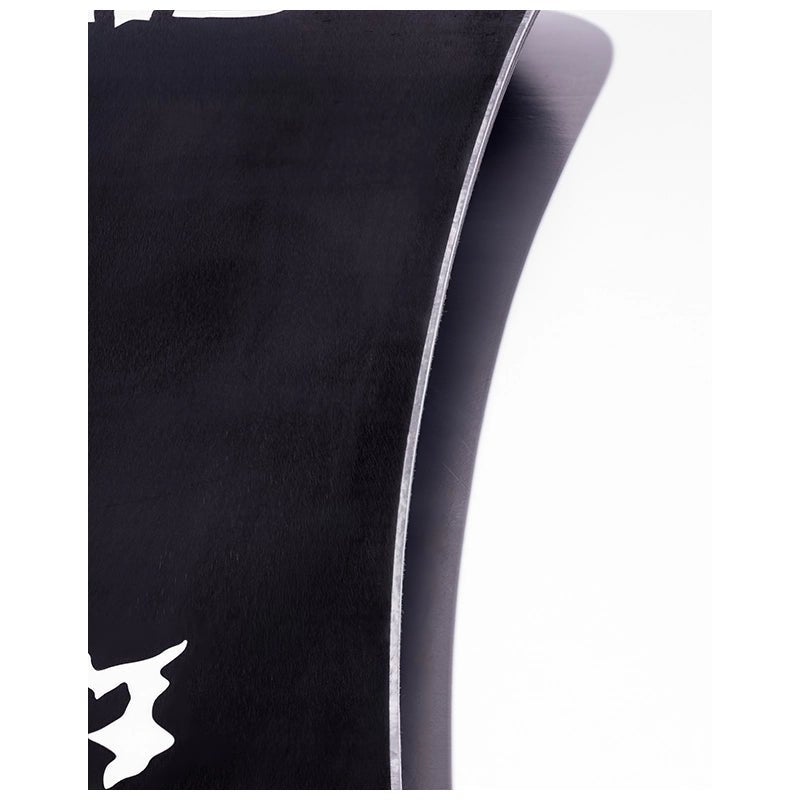 Close-up of a black curved product surface with a thin light gray edge and a small white abstract logo near the lower left, shown against a white background.