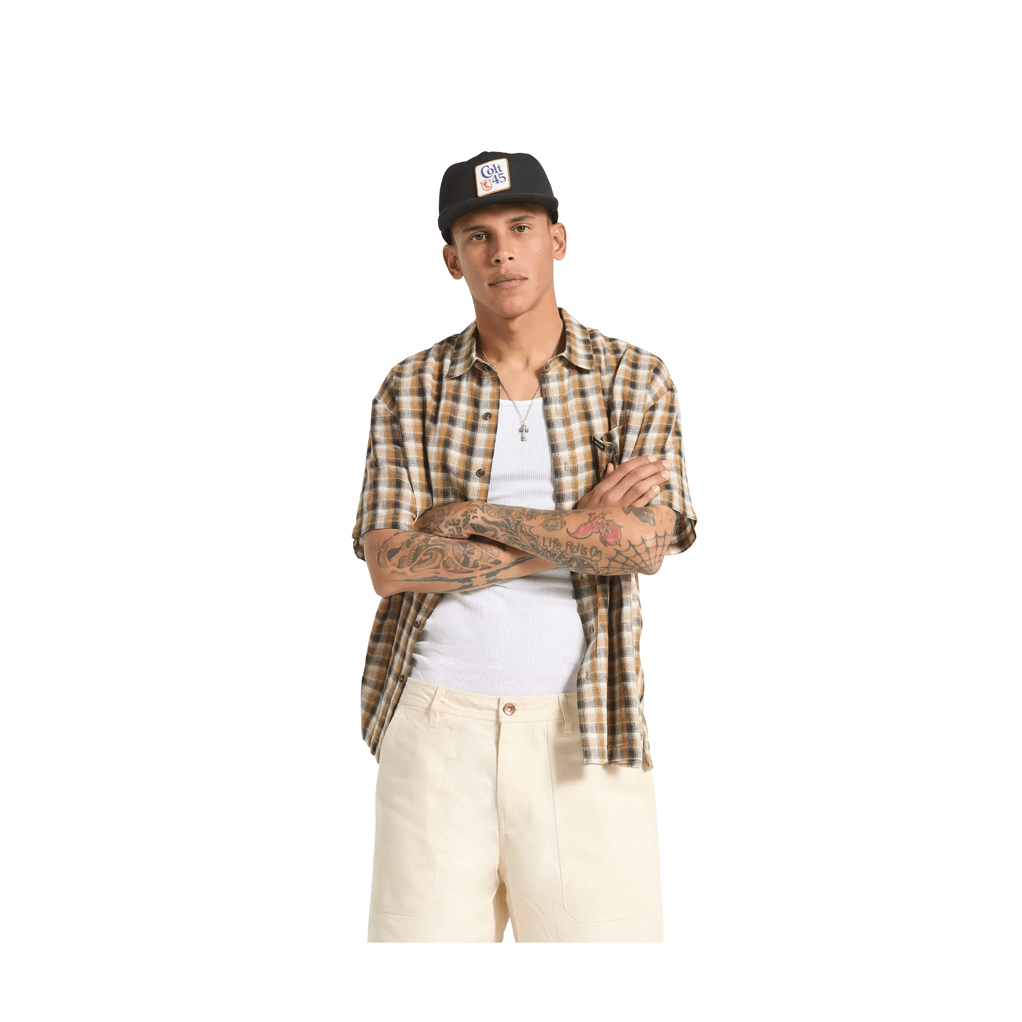 Brixton Cru Linen Blend Short Sleeve Woven Shirt – Black/Tobacco Plaid - 7B Boardshop