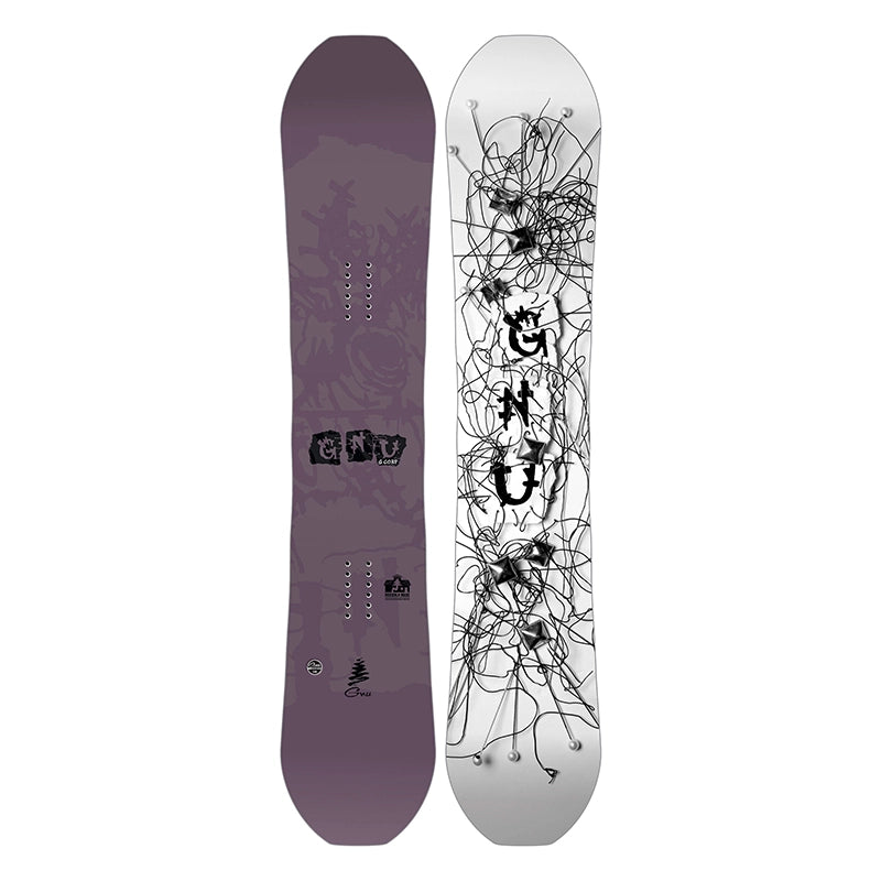 Front and back views of a snowboard on a white background. The front side is a muted purple with abstract graphics and the tail number '99'.