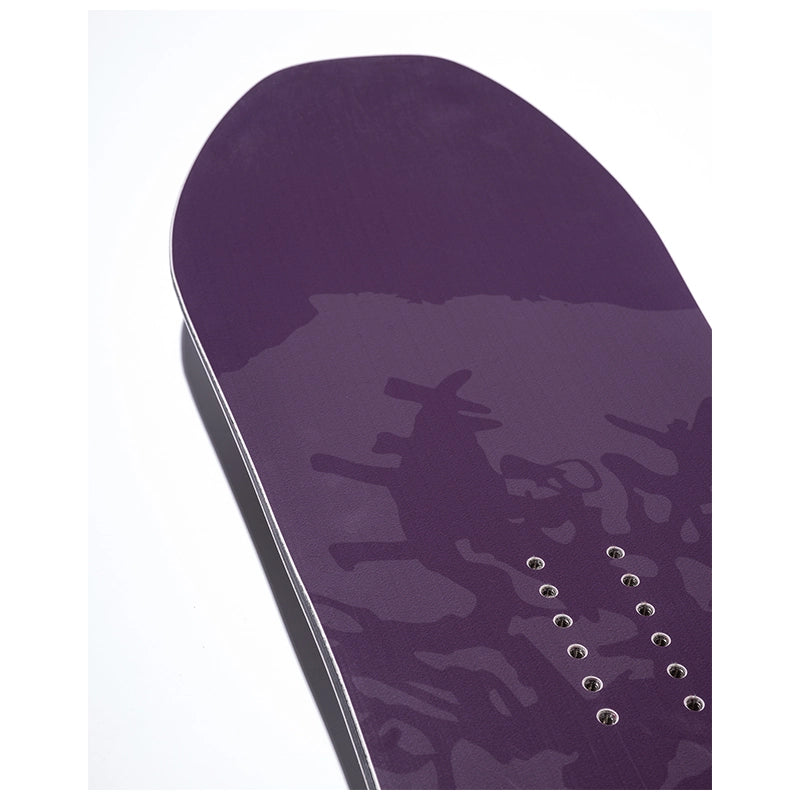 Close-up of a purple snowboard base showing the glossy finish, graphic pattern, and binding hole area against a white background.