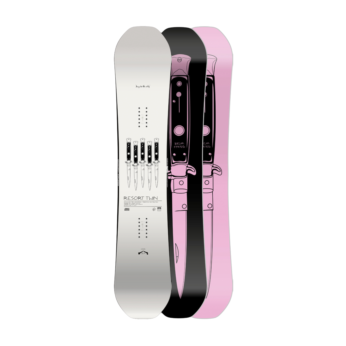 Two snowboards, one silver and one pink with black accents, on a white background.