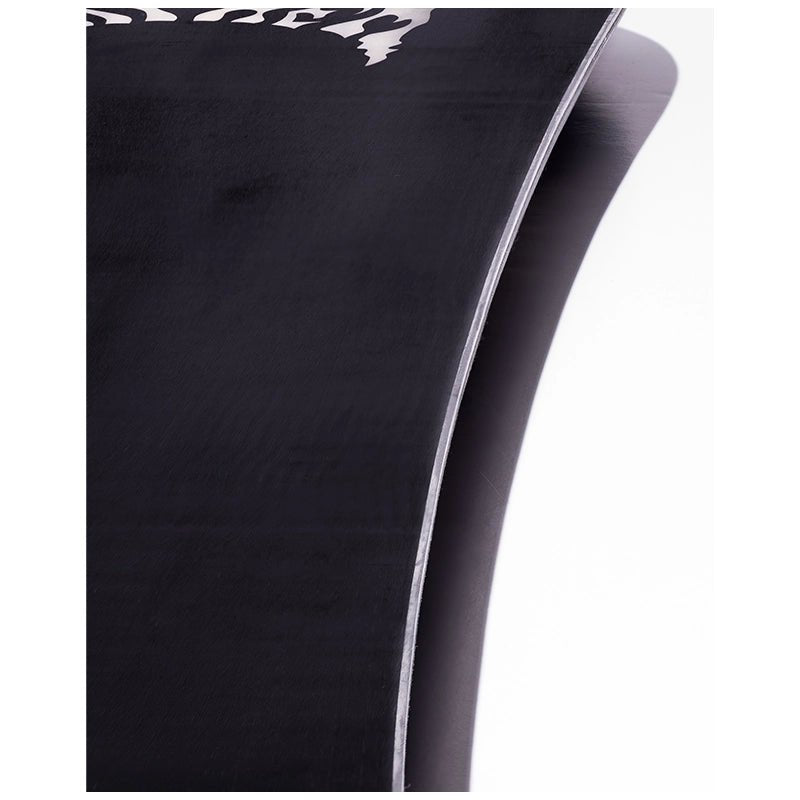 Close-up of a black curved product surface with a white logo near the top edge, shown against a white background.