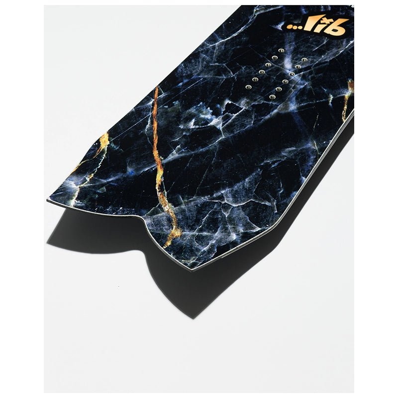 A skateboard deck featuring a dark blue and black marble pattern with gold veins and a gold '.