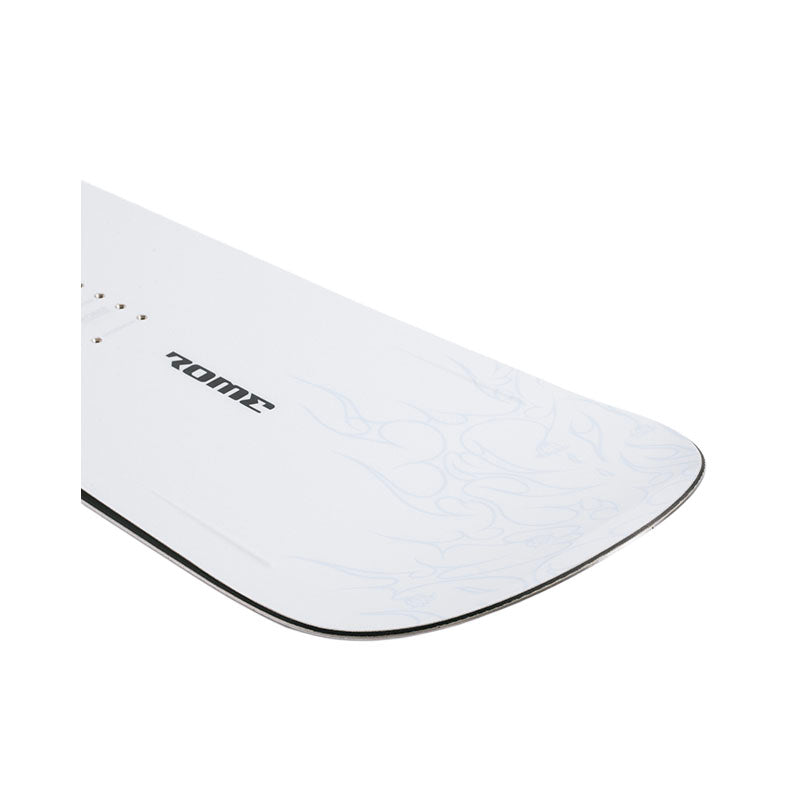 Close-up of the tail section of a white snowboard with a subtle light blue graphic pattern and the black 'ROME' brand logo printed on the side.