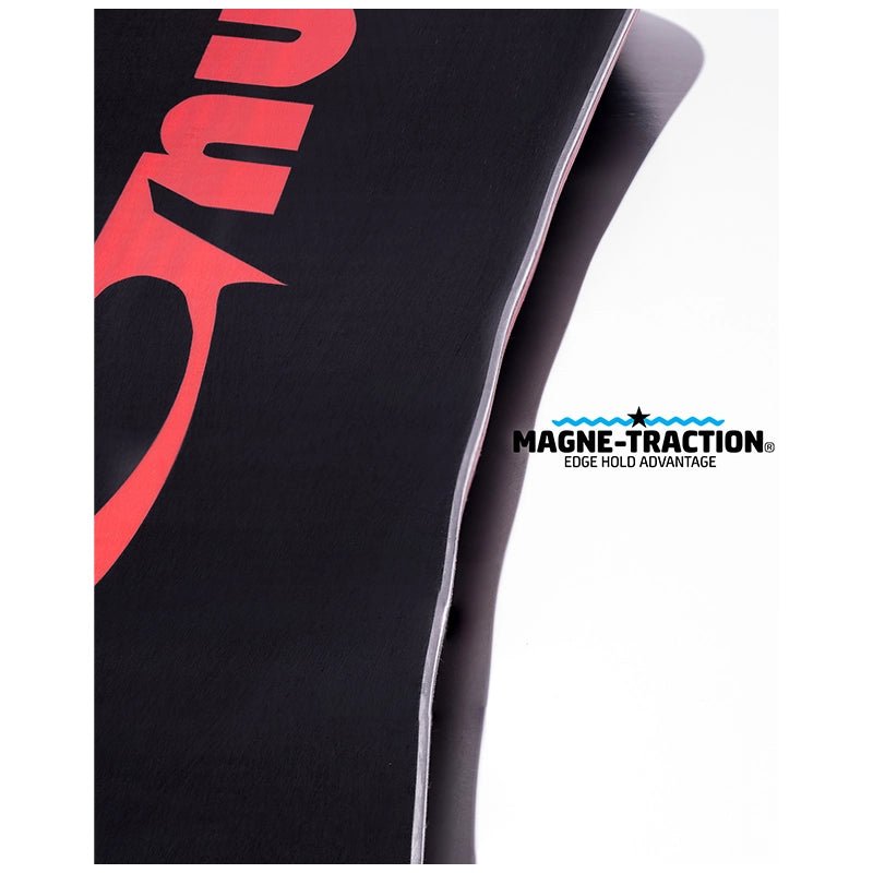 Close-up of a black wetsuit or swimwear panel with a large red logo and a white piping edge, plus a visible MAGNE-TRACTION Edge Field Advantage label on the right against a white background.