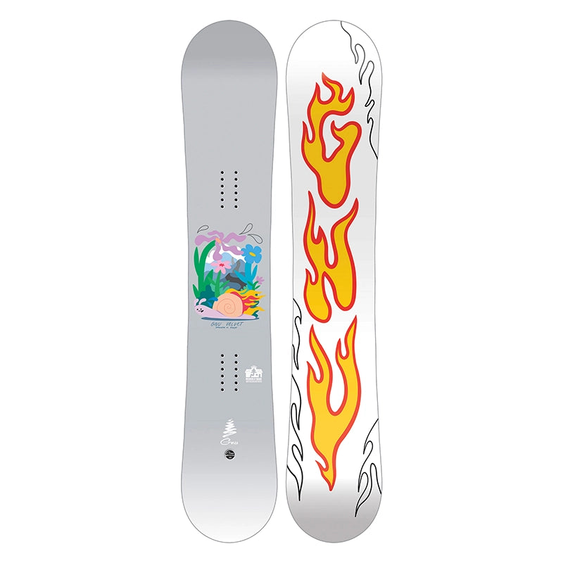 A snowboard shown from both sides against a plain white background. The left side is metallic silver with a colorful floral graphic and small logo near the bottom.