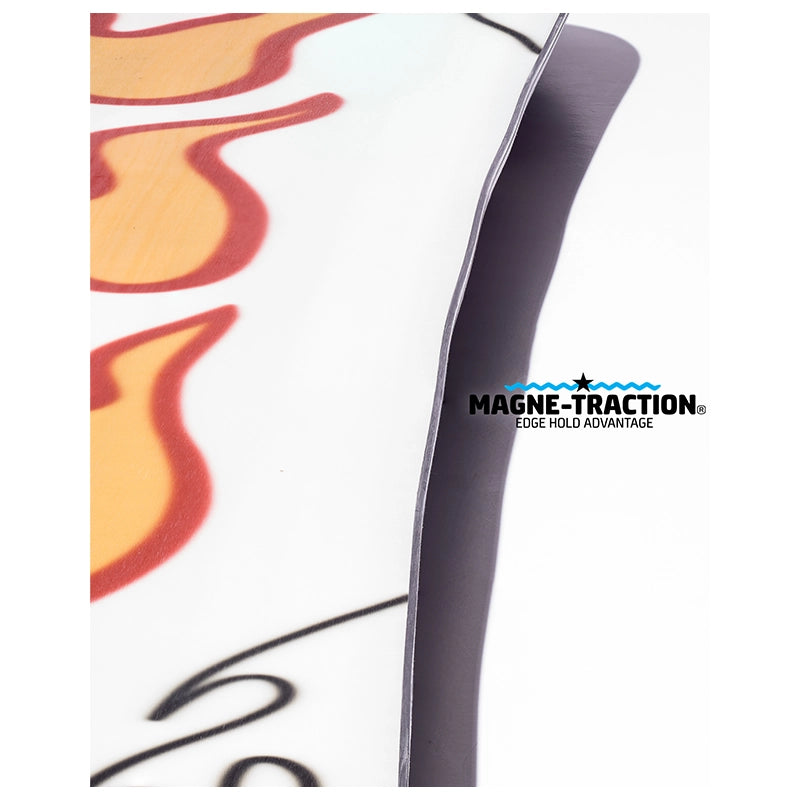 Close-up of a white inflatable tube or panel with a flame graphic in orange and red, showing a dark gray edge and a visible MAGNE-TRACTION Edge Hold Advantage brand mark.