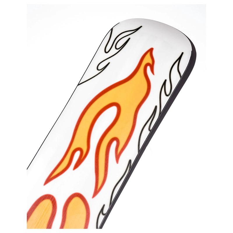 A close-up of a white curved product featuring a bold orange and yellow flame graphic with black outline details, shown against a plain white background.
