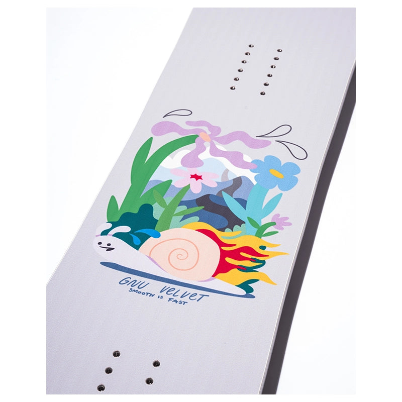 A close-up of a white skateboard deck featuring a colorful graphic of a snail surrounded by flowers and leaves, with the text 'GOU VELVET' and 'SLOWTHY IS FAST' printed on it.