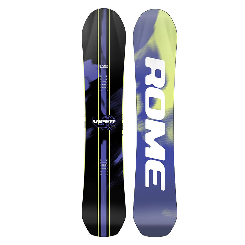 A snowboard shown from both sides against a plain white background. The left side shows a black base with blue and yellow graphic stripes and the 'Viper' model name, while the right side shows a blue base with a yellow-green gradient and the large 'ROME' brand name in white.