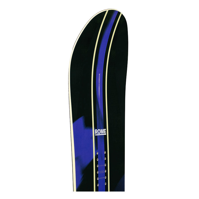 Close-up of a snowboard nose section with a black top, a vivid blue center stripe, thin cream lines, and the word ROME printed in white near the bottom.
