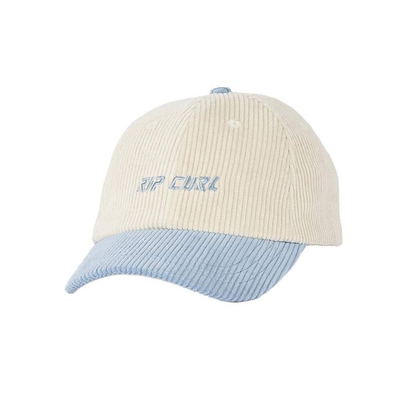A two-tone corduroy baseball cap with an off-white crown and a light blue brim, featuring 'ZIP CURL' embroidered in light blue on the front.